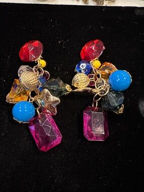 Multicolor Cluster Drop Earrings - Bright Pink & Blue